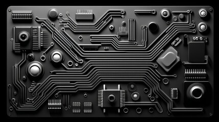 Poster - A detailed close-up of an electronic circuit board, featuring a dark black computer motherboard, symbolizing AI and ML technology hardware in a minimalist concept background banner