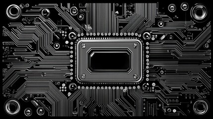 Poster - Detailed close-up of a dark black computer motherboard on an electronic circuit board, embodying AI and ML technology hardware in a minimalist concept background banner design