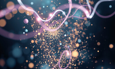 Poster - vibrant abstract representation of subatomic particles, featuring swirling lines and glowing orbs in various colors, creating sense of motion and energy