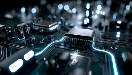 Poster - A low poly wireframe illustration of a semiconductor or microchip, set on a circuit board with a CPU, is positioned at the center of a circuit background, creating an abstract digital tech scene with
