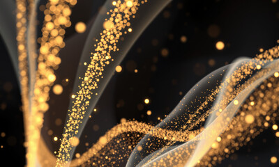 Poster - mesmerizing abstract image featuring golden particles swirling gracefully through soft, translucent waves, creating sense of movement and elegance. interplay of light and shadow adds depth to