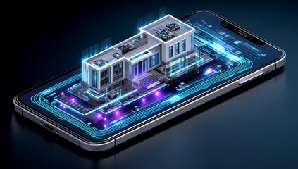 Poster - A house with smart home technology is displayed on a phone screen, complete with wireless connections and automation icons