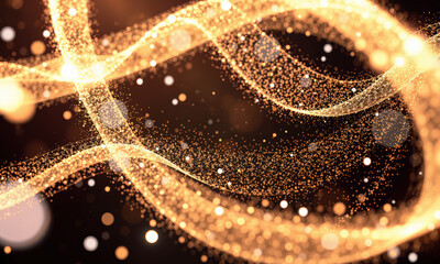 Poster - Golden particles shimmer in flowing wave pattern against dark background, creating sense of elegance and movement. image evokes feeling of magic and wonder