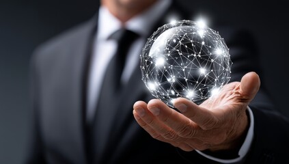 Poster - A businessman grasps algorithm development symbols, connected to a strong network, to encourage the development of innovative and tech-driven businesses
