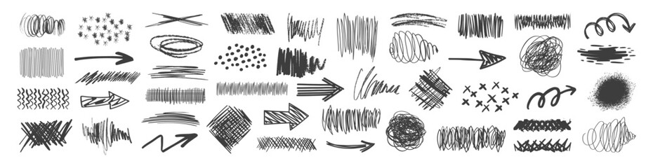 Aufkleber - Hand drawn collection of different scribble lines and brush strokes. Marker lines isolated on transparent background. Texture charcoal or pencil drawing. Crayon scribbles set.