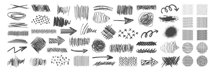 Aufkleber - Hand drawn collection of different scribble lines and brush strokes. Marker lines isolated on transparent background. Texture charcoal or pencil drawing. Crayon scribbles set.