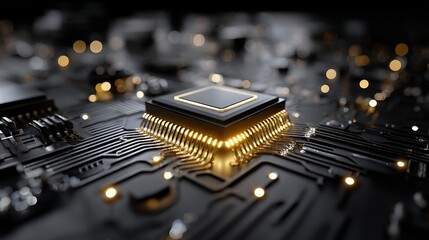 Poster - A computer chip that glows, set against a backdrop of yellow circuit lines