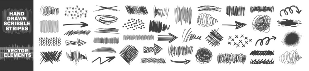 Aufkleber - Hand drawn collection of different scribble lines and brush strokes. Marker lines isolated on transparent background. Texture charcoal or pencil drawing. Crayon scribbles set.