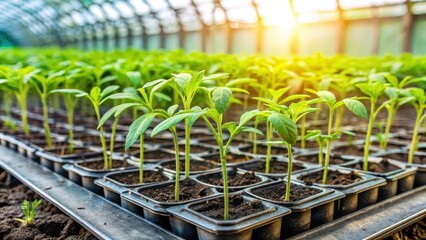 Wall Mural - Young tomato seedlings with green leaves in a greenhouse tray , greenhouse, nursery,  greenhouse, nursery, tomatoes