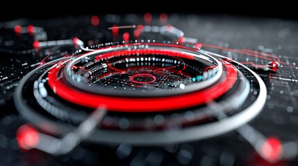 Aufkleber - An abstract circle of digital tech is superimposed on a red technology background, offering copy space