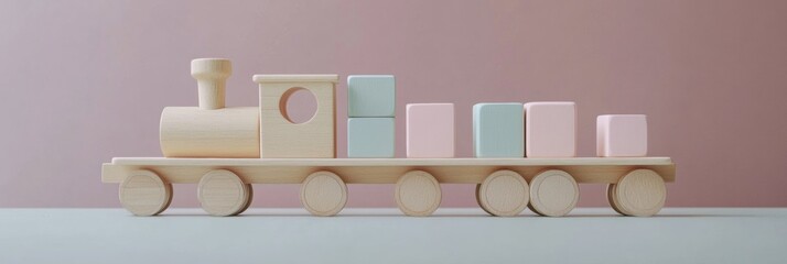 Poster - Cozy wooden train with pastel cubes arranged on a minimalist floor in soft lighting and gentle textures