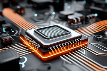 Poster - a futuristic scene unfolds with a blue circuit board, chip, and micro hearth at its center, set agai