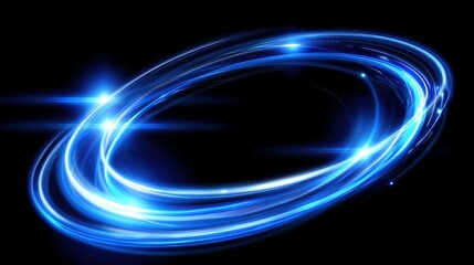Aufkleber - Abstract glowing blue light effect with swirling ring on dark background, vector illustration of oval and circular luminous shapes. Shiny dynamic lines isolated on black backdrop for tech, futuristic,