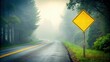 © Watcharapon - A yellow speed hump sign on a road in dense fog with misty rain , mist, rain,  mist, rain, road