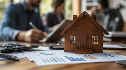 Poster - wooden house model sits on financial documents in modern office setting