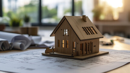 Poster - wooden house model sits on architectural plans in sunlit office
