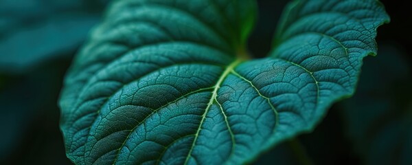 Poster - Detailed close-up of green leaf texture with intricate vein pattern, showcasing nature design. Botanical plant with organic structure. Fresh growth, ecology, environment concept.