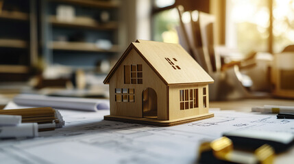 Poster - wooden house model sits on architectural plans in sunlit office