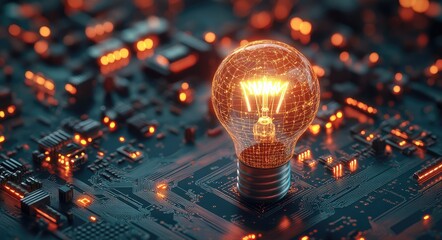Poster - A glowing light bulb sits atop a circuit board. symbolizing innovation and technology. with intricate electronic components and glowing elements in the background