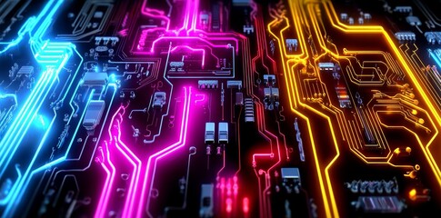 Poster - A vibrant digital backdrop showcases a futuristic circuit board design with bright, radiant lights