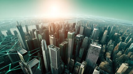 Poster - The concept of a smart digital city is rooted in a network of reciprocal connections that permeate the city, symbolizing the future of wireless digital urban planning and the social media platforms