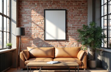 Poster - Industrial living room with exposed brick wall interior design. Brown leather sofa wood table. Blank square photo frame on brick wall for mockup. Modern house interior design.
