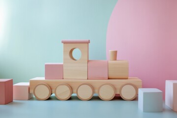 Aufkleber - Cozy wooden train toy made of pastel cubes on a soft colored floor with minimal movement in a serene play area