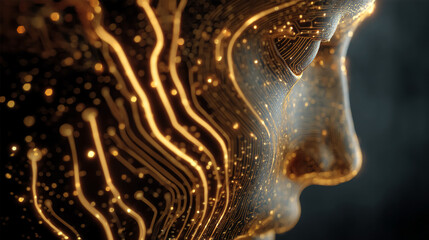 Poster - Abstract close-up of a face formed by glowing golden circuitry, suggesting technological advancement and artificial intelligence, showcasing a futuristic concept
