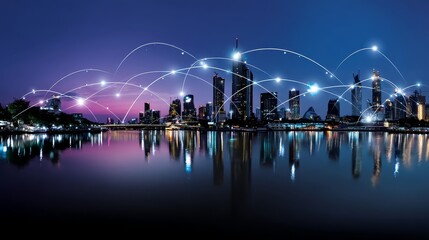 Poster - A city's skyline with digital data streams embodying the concept of internet connectivity and innovative smart city technologies