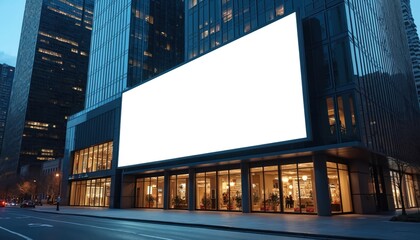 Aufkleber - Blank billboard, building facade city street at night. Empty white advertising banner mockup, space design template for commercial business promotion. Digital display out-of-home media.