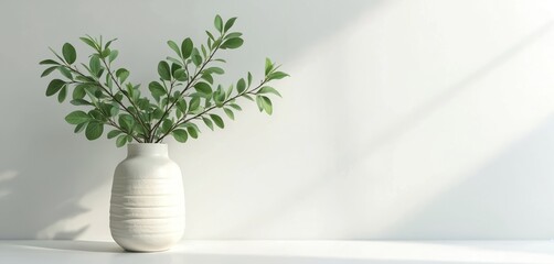 Poster - Minimalist scene with green leaves branches in white vase on table. Simple, elegant home decor. Plants in vase with shadows background. Design concept for mockup, product placement, home, office