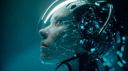 Poster - Profile of a face partially covered by a translucent helmet with glowing cyan network, suggesting futuristic technology, artificial intelligence or virtual reality