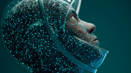 Poster - Profile view of a face encased in a translucent helmet, covered in a glowing network, suggesting connection and technological advancement
