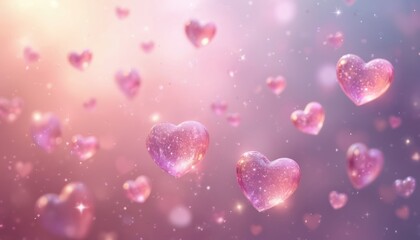 Poster - Floating pink purple hearts dreamy background. Valentines day love, wedding celebration, romantic designs. Abstract holiday decor, affection, passion, seamless, modern, digital, vibrant mood.