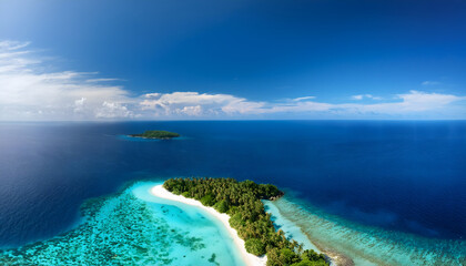 Aufkleber - Aerial view of a tropical island surrounded by clear blue waters and vibrant coral reefs under a bright sky
