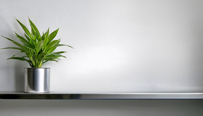 Poster - A plant in a silver pot sits on a sleek shelf against a light background, adding a touch of greenery to a minimalist space