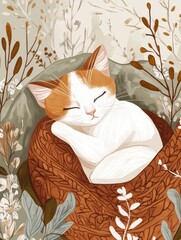 Aufkleber - Relaxation with a sleepy cat wrapped in a warm knitted blanket while enjoying tea on a cozy afternoon