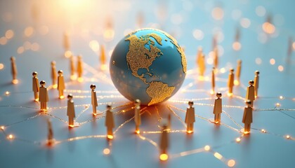 Aufkleber - 3D rendering global network. Gold people figures connected to globe by lines, symbolizing global connection communication. Tech, business, international society interaction.
