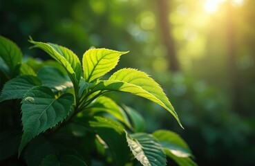 Poster - Rich green leaves in vibrant forest setting. Sunlight filters through foliage, creating serene, peaceful mood. Botanical, natural elements emphasize growth, harmony. Ideal for environmental, eco