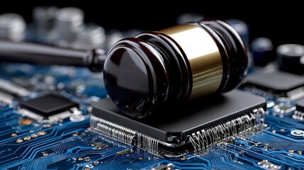 Poster - justice merged with cutting-edge technology is depicted through an abstract tech background that inc