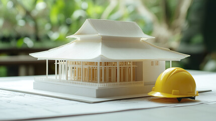Poster - small model of rural house sits on blueprint with yellow hard hat nearby