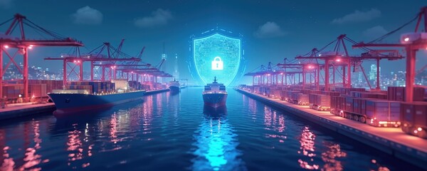 Fototapete - Illustration of maritime cybersecurity. Digital shield protects ships and ports from cyber threats. Safe shipping, secure delivery. Cyber attacks prevention. Logistic, transport security.