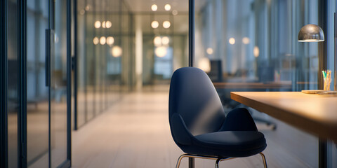 Aufkleber - Dark blue chair in modern office setting, desk with lamp, blurred background showcasing spacious interior, representing productivity, workspace, and contemporary design