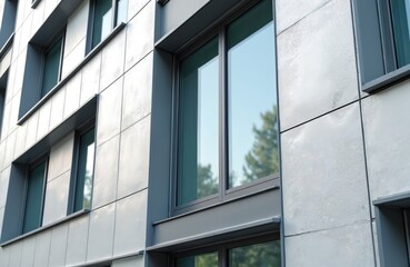 Poster - Modern office building exterior with metal plate facade, windows. Architectural detail features contemporary design, reflective glass. Clean lines, geometric patterns for business. Exterior wall