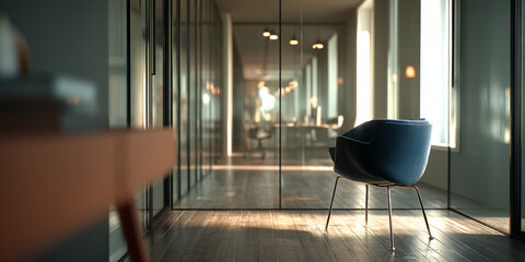 Poster - Modern office interior showcasing a single chair in a sunlit glass-walled space, representing serenity and minimalist design, ideal for corporate or architectural presentations