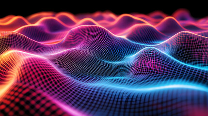 Wall Mural - wireframe grid with bright neon accents and a 3d depth effect
