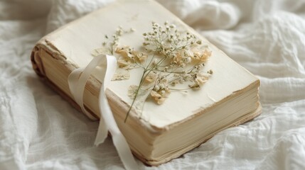 Fototapete - Cream-colored journal adorned with pressed flowers and ribbon resting on soft fabric in gentle light