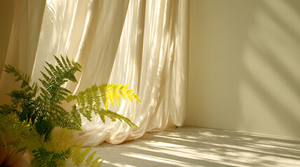 Poster - Beige curtain drapes partially revealing green fern leaves, casting shadows on a light floor, creating a serene and minimalist scene, ideal for showcasing products or as a background