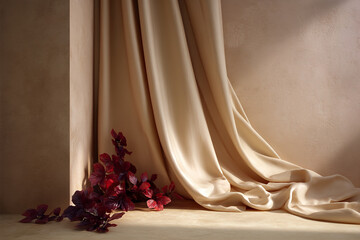 Aufkleber - Beige silk fabric drapes against a textured wall, adorned with dark red leaves.  Creates elegant, minimalist scene, ideal for product display or branding
