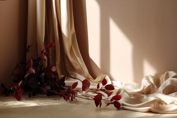 Poster - Beige silk fabric drapes elegantly, accented by dark red leaves, creating a minimalist, luxurious scene with ample free space, ideal for product display or text placement